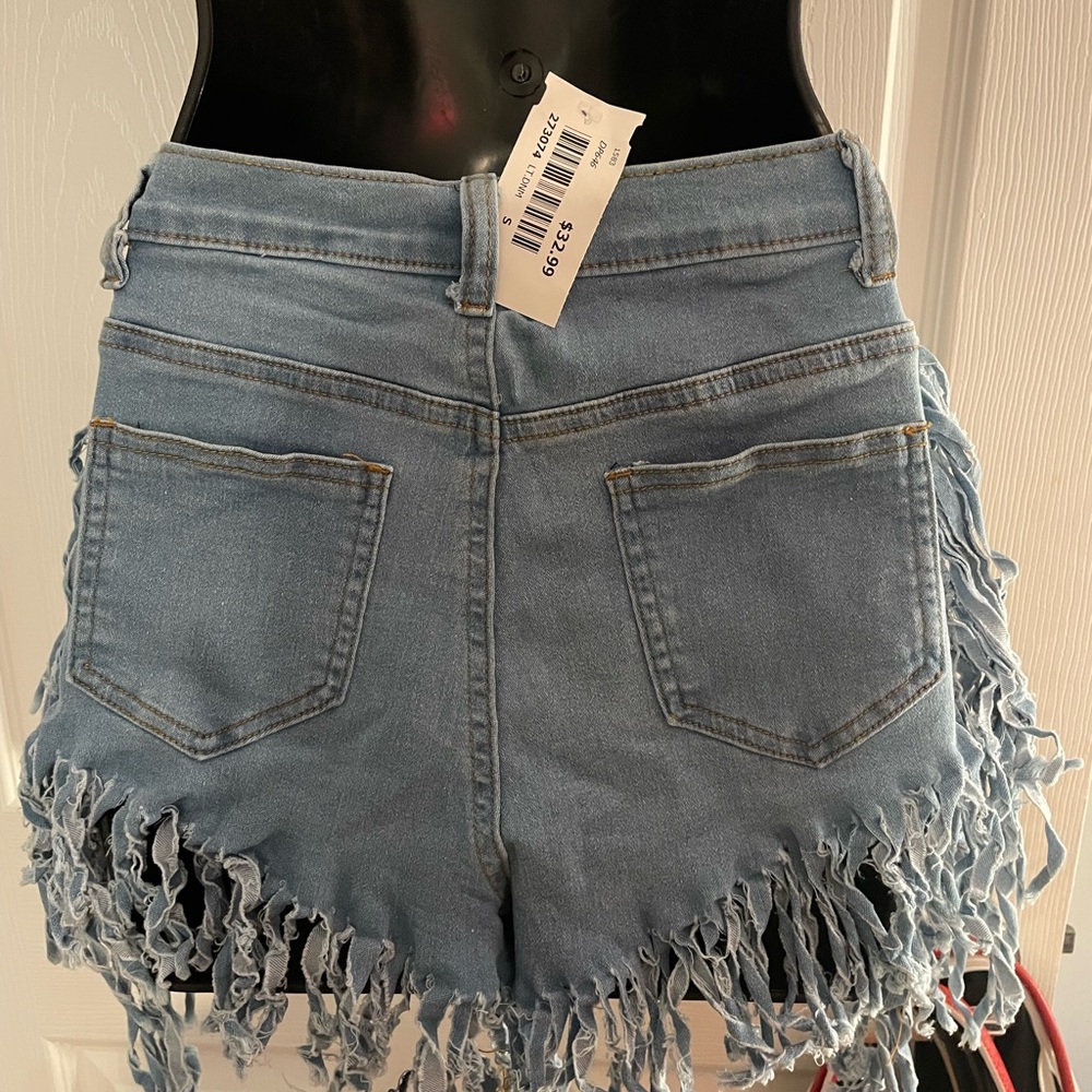 Fringe light blue denim shorts stretchy